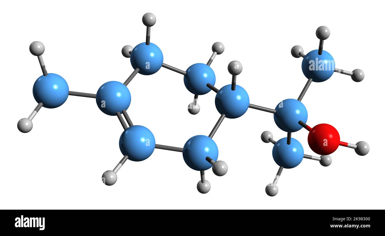 3D Bild der Skelettformel von Alpha-Terpineol - molekulare chemische Struktur des Monoterpenoids auf weißem Hintergrund isoliert Stockfoto