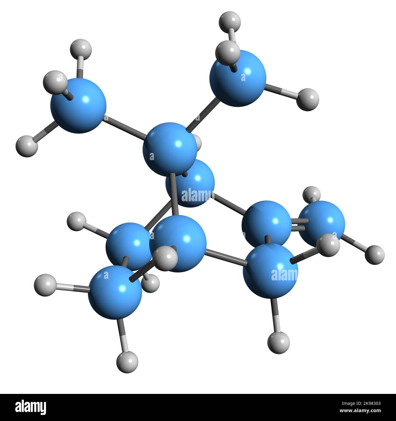 3D Bild der Skelettformel Alpha-Fenchene - molekularchemische Struktur der carbobicyclischen Verbindung isoliert auf weißem Hintergrund Stockfoto