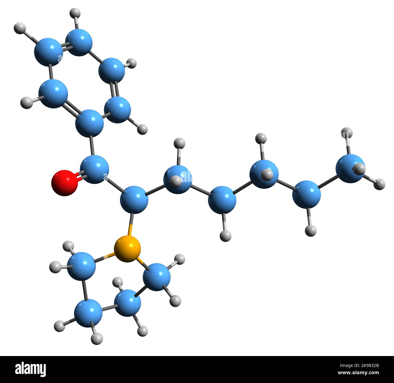 3D Bild der skeletalen Formel Alpha-Pyrrolidinoheptaphenon - molekularchemische Struktur des Designerarzneimittels auf weißem Hintergrund isoliert Stockfoto
