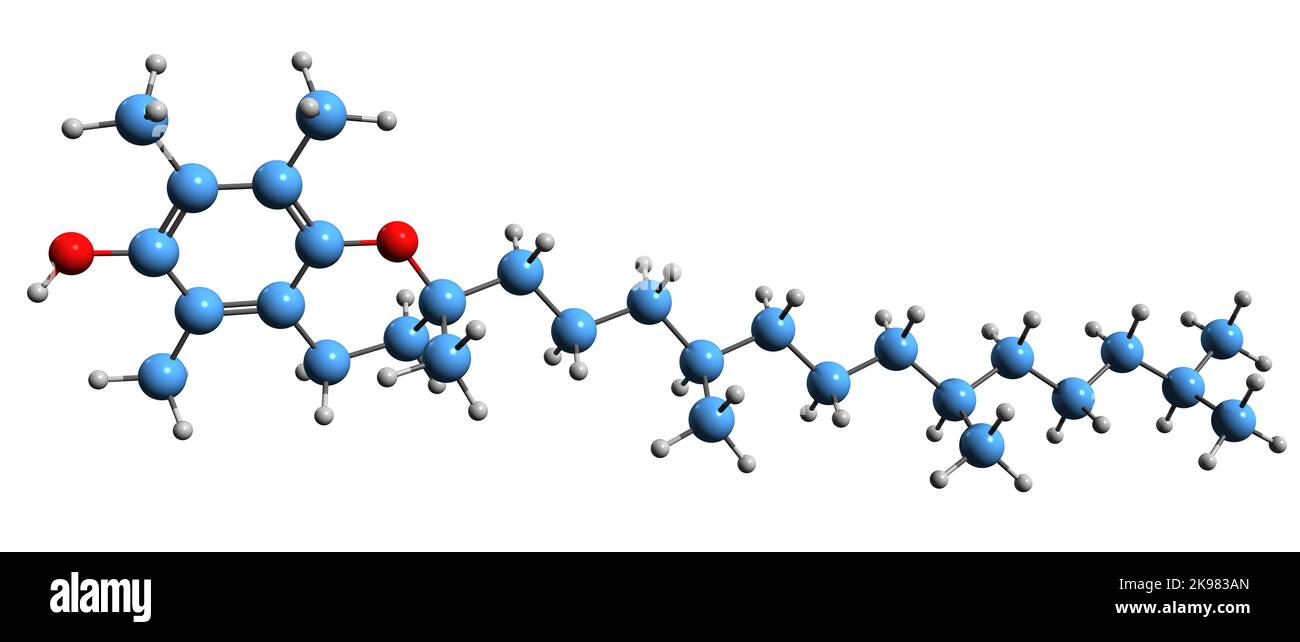3D Bild der Skelettformel von Alpha-Tocopherol - molekularchemische Struktur von Vitamin E isoliert auf weißem Hintergrund Stockfoto