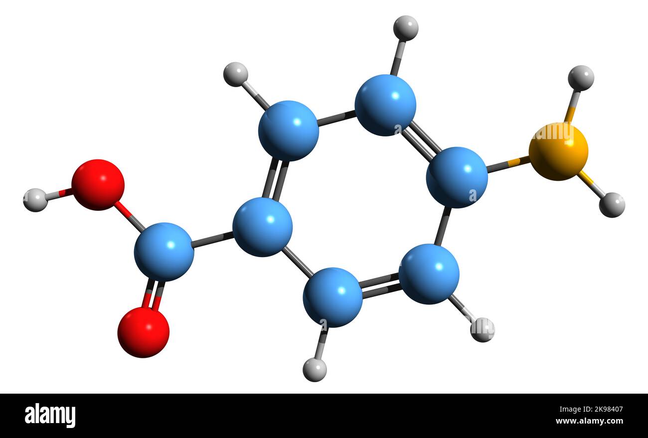 3D Bild der Skelettformel der Säure 4-Aminobenzoic - molekularchemische Struktur der para-Aminobenzoic-Säure, isoliert auf weißem Hintergrund Stockfoto