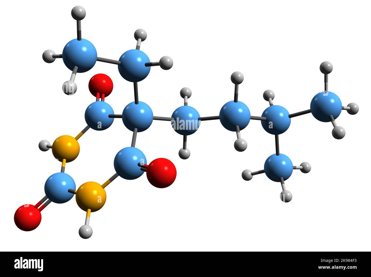 3D Bild der Skelettformel von Amobarbital - molekulare chemische Struktur von Barbiturat-Derivaten, isoliert auf weißem Hintergrund Stockfoto