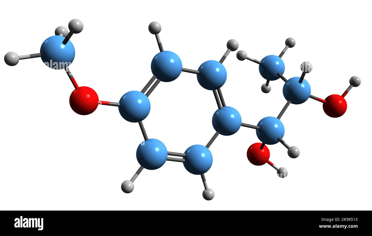3D Bild der Skelettformel von Anetoglykol - molekularchemische Struktur der Aniskamphorölkomponente, isoliert auf weißem Hintergrund Stockfoto