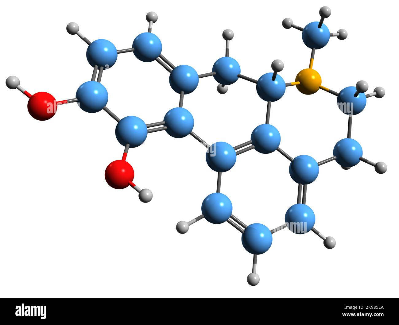 3D Bild der Apomorphin-Skelettformel - molekularchemische Struktur eines nicht-selektiven Dopaminagonisten isoliert auf weißem Hintergrund Stockfoto