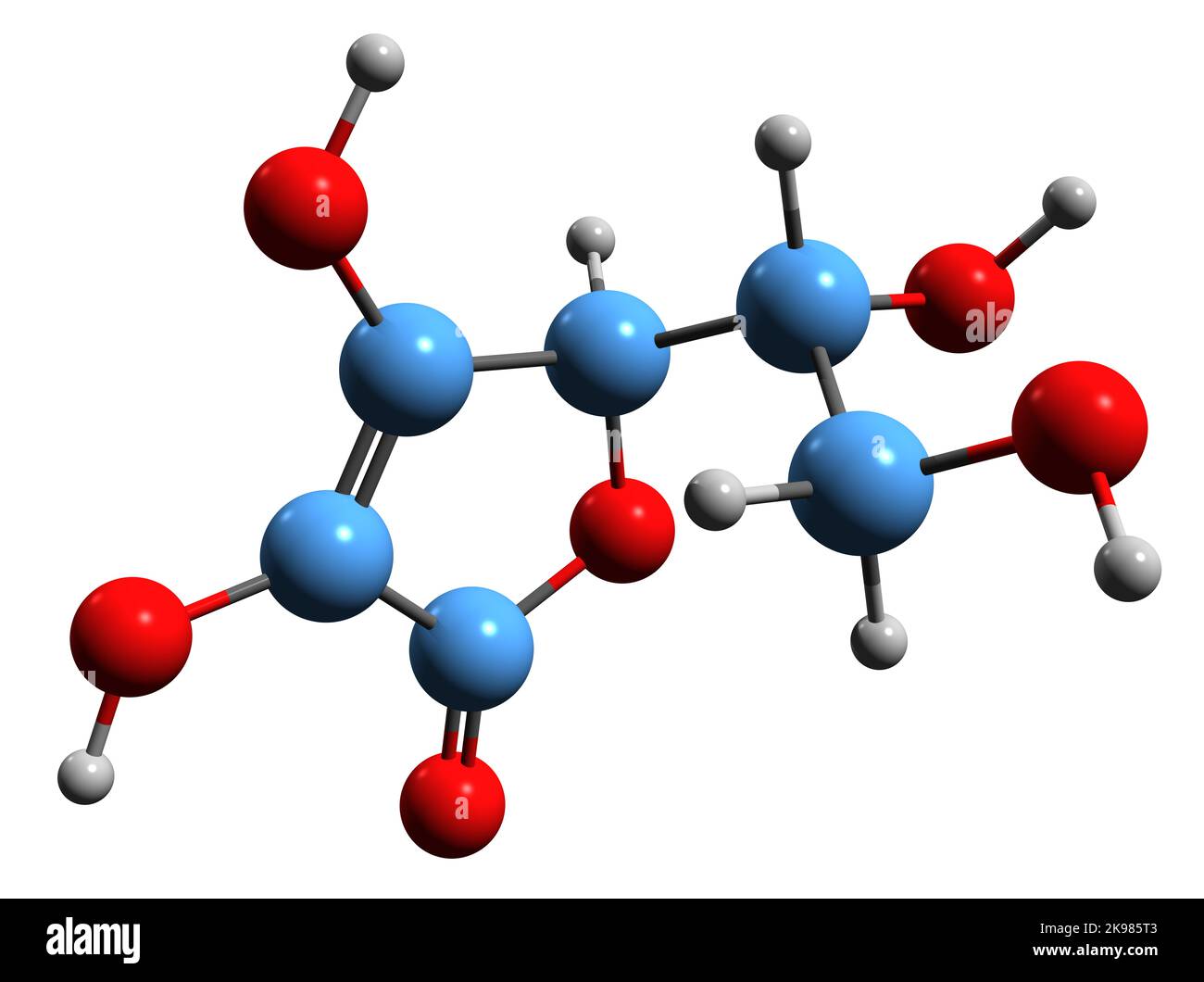 3D Bild der skelettalen Formel der Ascorbinsäure - molekularchemische Struktur von Vitamin C auf weißem Hintergrund isoliert Stockfoto