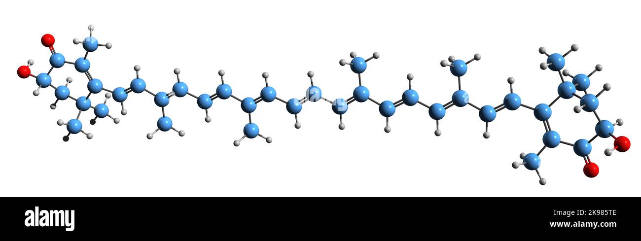 3D Aufnahme der Skelettformel von Astaxanthin - molekulare chemische Struktur des Keto-Carotinoid isoliert auf weißem Hintergrund Stockfoto