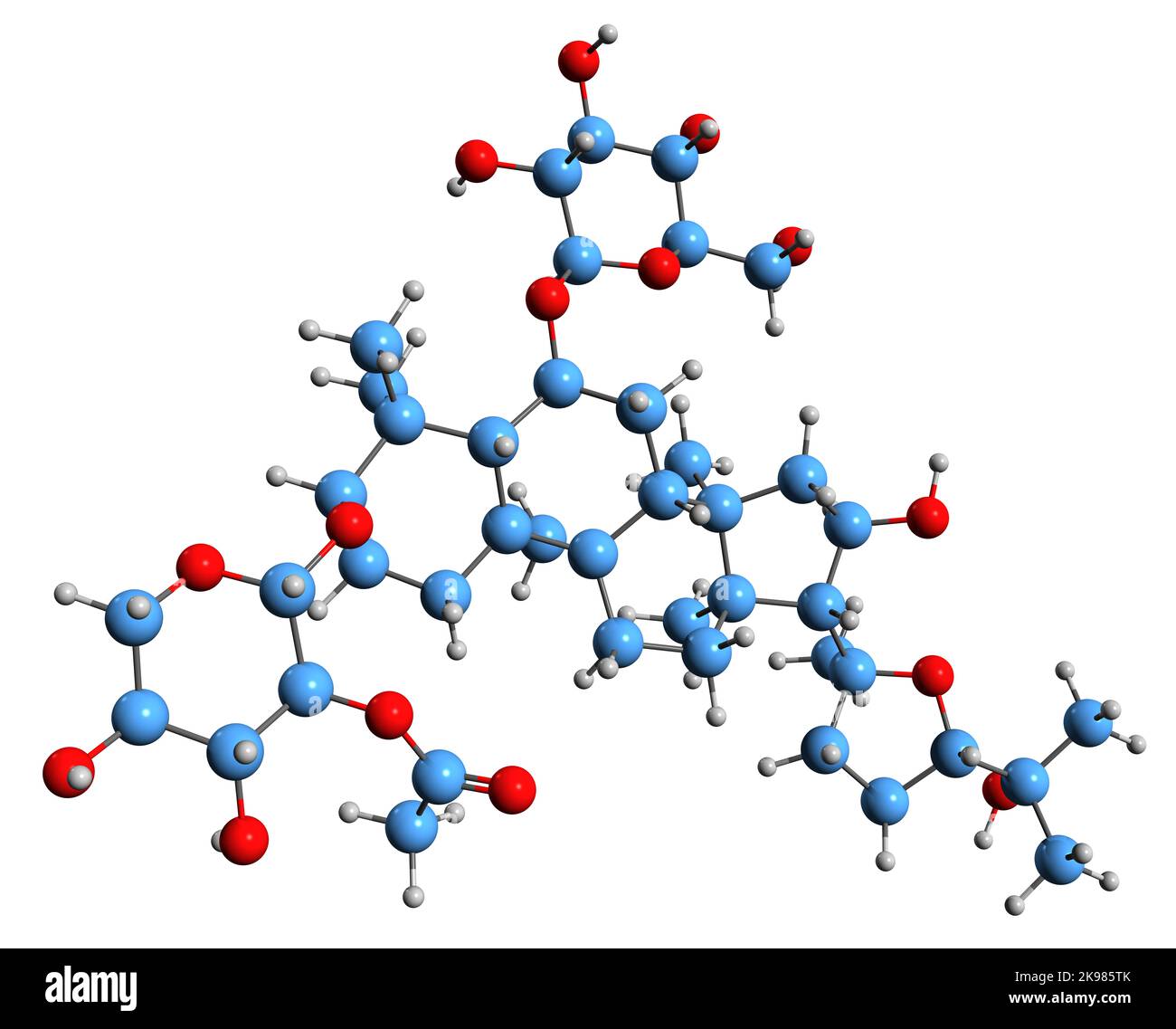 3D Bild der Skelettformel von Astragaloside II - molekulare chemische Struktur von Saponin auf weißem Hintergrund isoliert Stockfoto