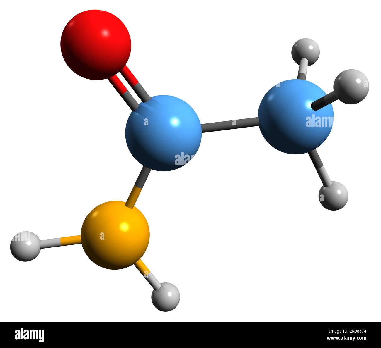 3D Abbildung der Skelettformel von Acetamid - molekularchemische Struktur von Essigsäureamid auf weißem Hintergrund isoliert Stockfoto