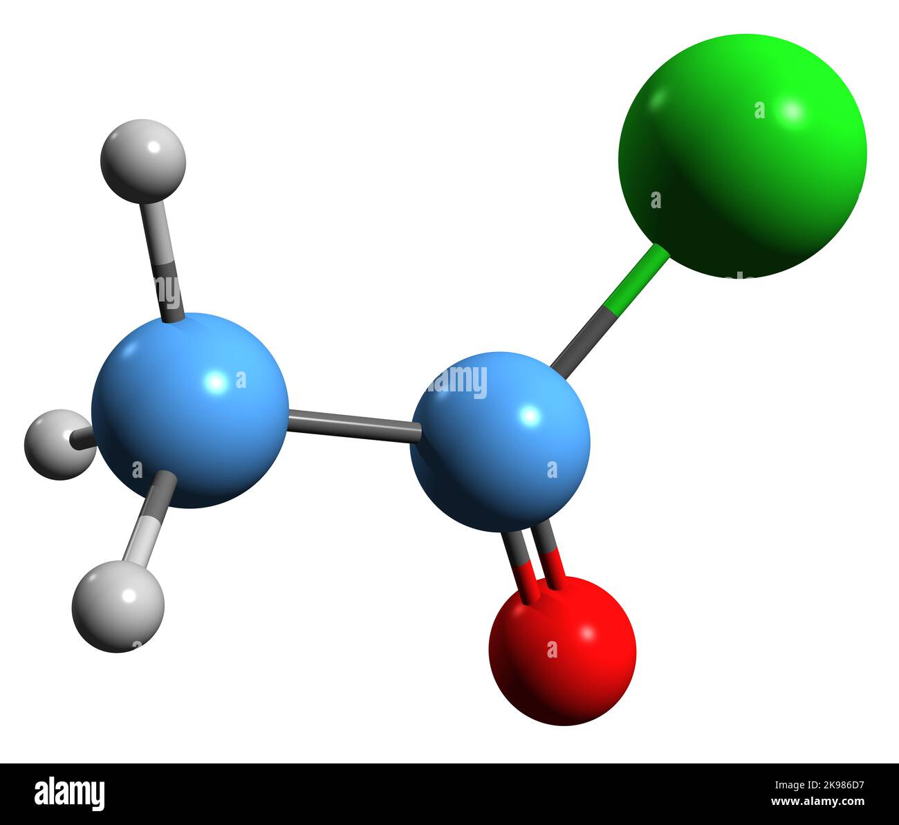 3D Bild der Skelettformel von Acetylchlorid - molekulare chemische Struktur von Acetylchlorid isoliert auf weißem Hintergrund Stockfoto