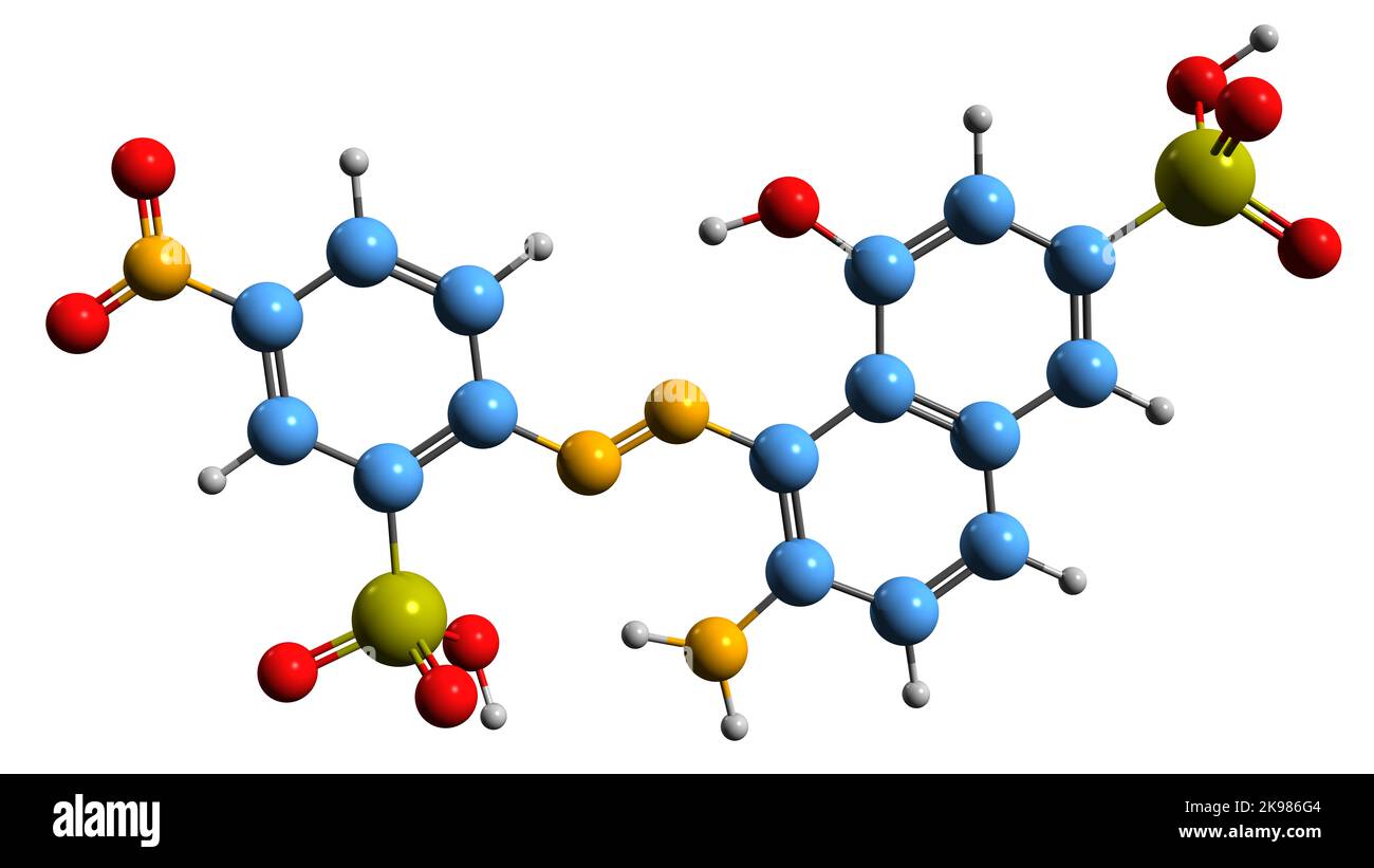 3D Bild der Acylan-Skelettformel - molekulare chemische Struktur des AZO-Farbstoffs auf weißem Hintergrund isoliert Stockfoto