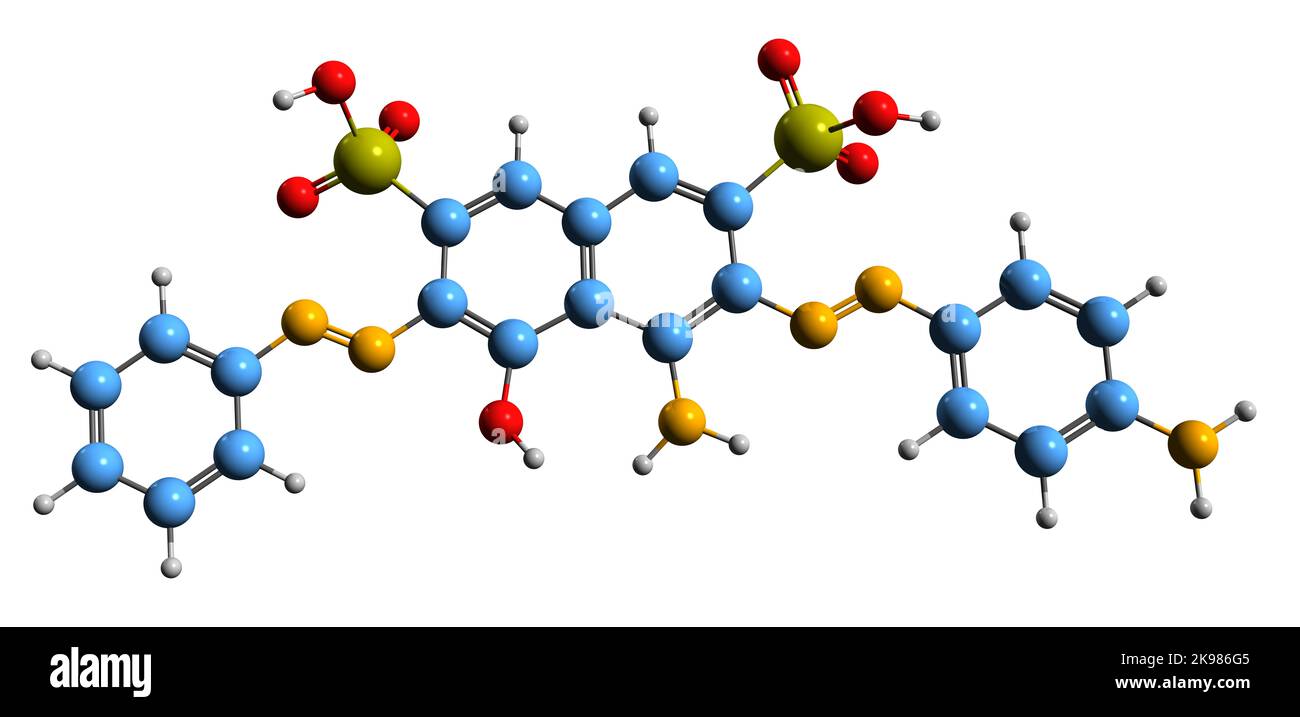 3D Bild der Acylan-Formel des dunkelgrünen B-Skeletts - molekularchemische Struktur des Disazo-Farbstoffes isoliert auf weißem Hintergrund Stockfoto
