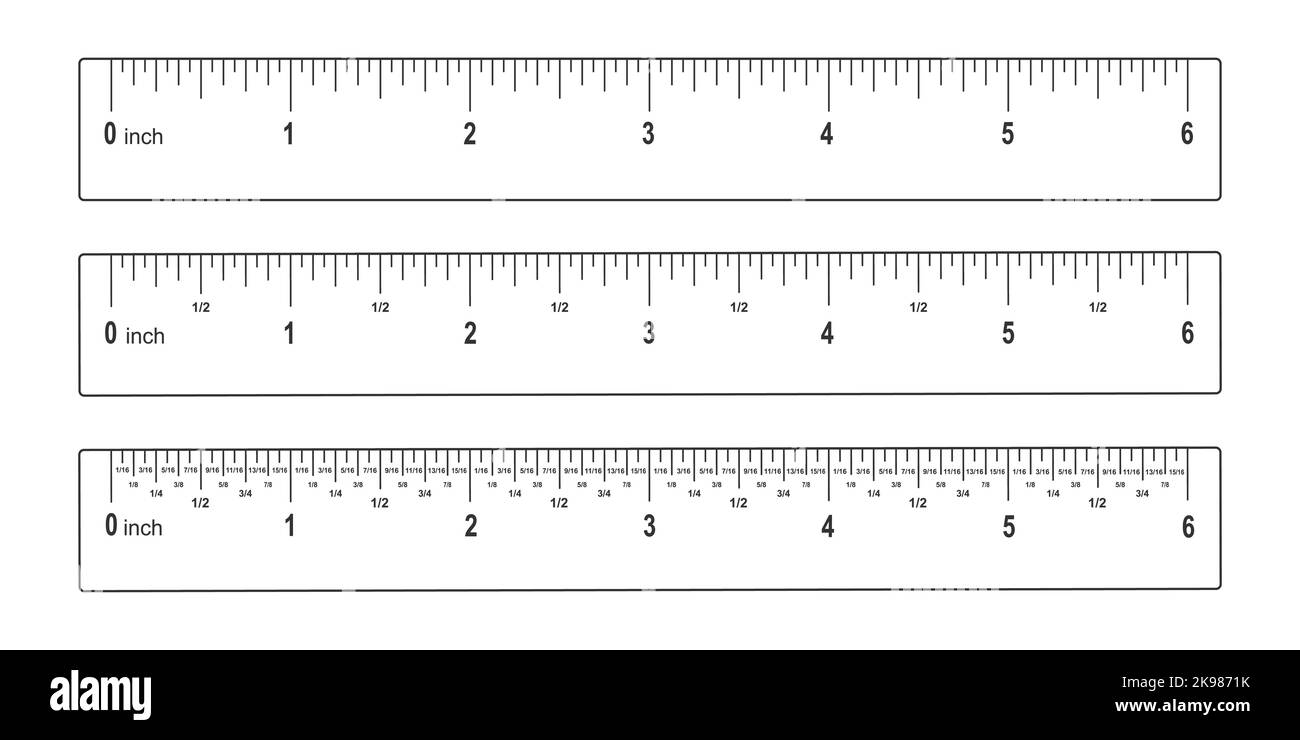 Satz von 6-Zoll-Linealen mit Beschriftungen, Zahlen und Brüchen. Mathematische oder geometrische Werkzeuge für die Distanz-, Höhen- oder Längenmessung isoliert auf weißem Hintergrund. Vektorgrafik Stock Vektor