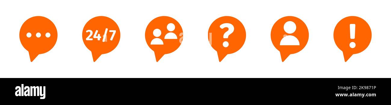 Sprechblasen mit Kunden unterstützen Online-Service-Symbole. Satz von Hilfesymbolen, die auf weißem Hintergrund isoliert sind. Piktogramme für die Kundenkommunikation. Vektorgrafik flach Stock Vektor