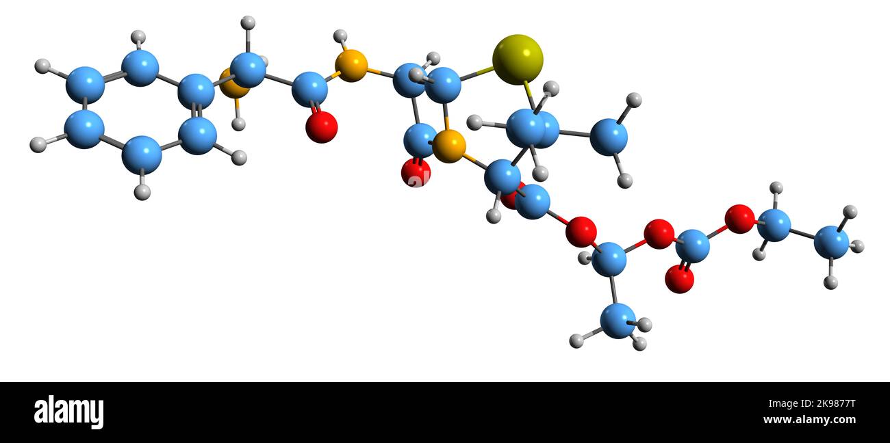 3D Bild der Bacampicillin-Skelettformel - molekulare chemische Struktur des Penicillin-Antibiotikums, isoliert auf weißem Hintergrund Stockfoto