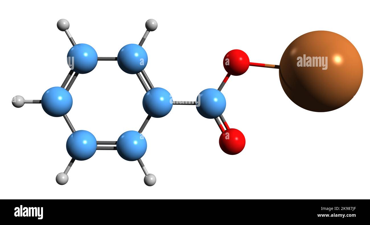 3D Bild der Skelettformel von Kaliumbenzoat - molekularchemische Struktur des Konservierungsmittels, isoliert auf weißem Hintergrund Stockfoto