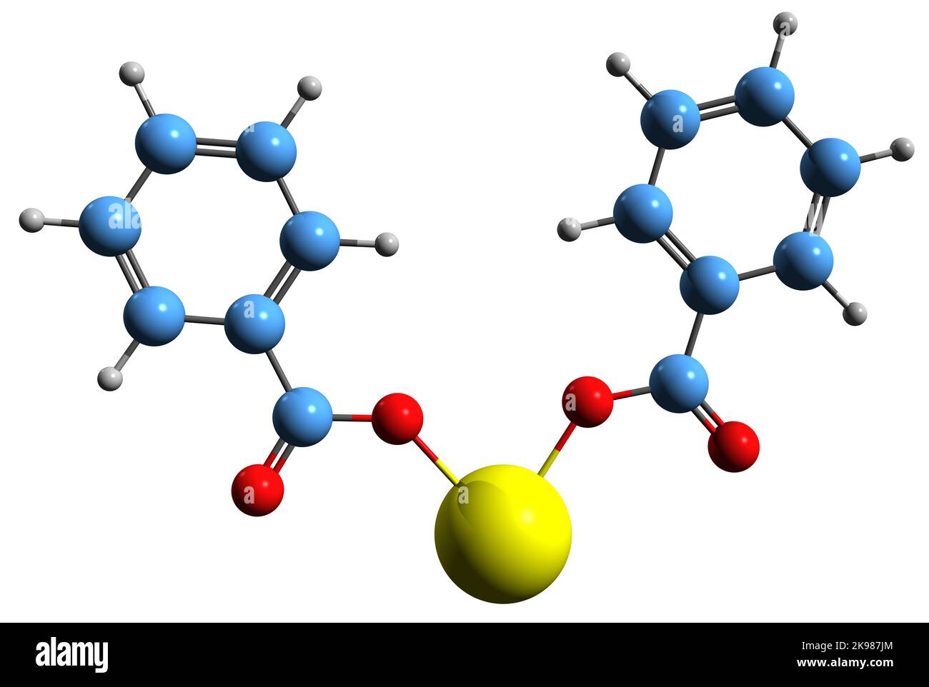 3D Bild der Skelettformel von Calcium-Benzoat - molekulare chemische Struktur von Calciumsalz der Benzoesäure isoliert auf weißem Hintergrund Stockfoto