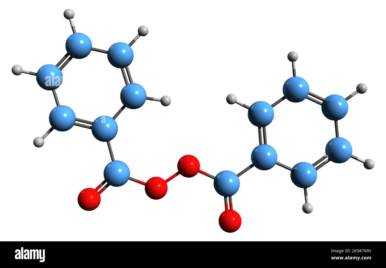 3D Bild der Skelettformel von Benzoylperoxid - molekularchemische Struktur von organischem Peroxid isoliert auf weißem Hintergrund Stockfoto