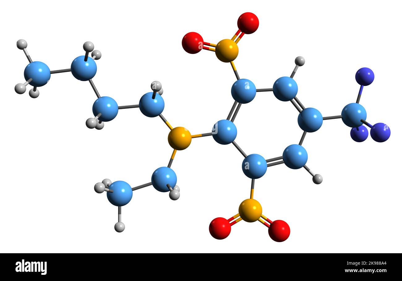 3D Bild der Skelettformel von Benfluralin - molekulare chemische Struktur des Herbizids auf weißem Hintergrund isoliert Stockfoto