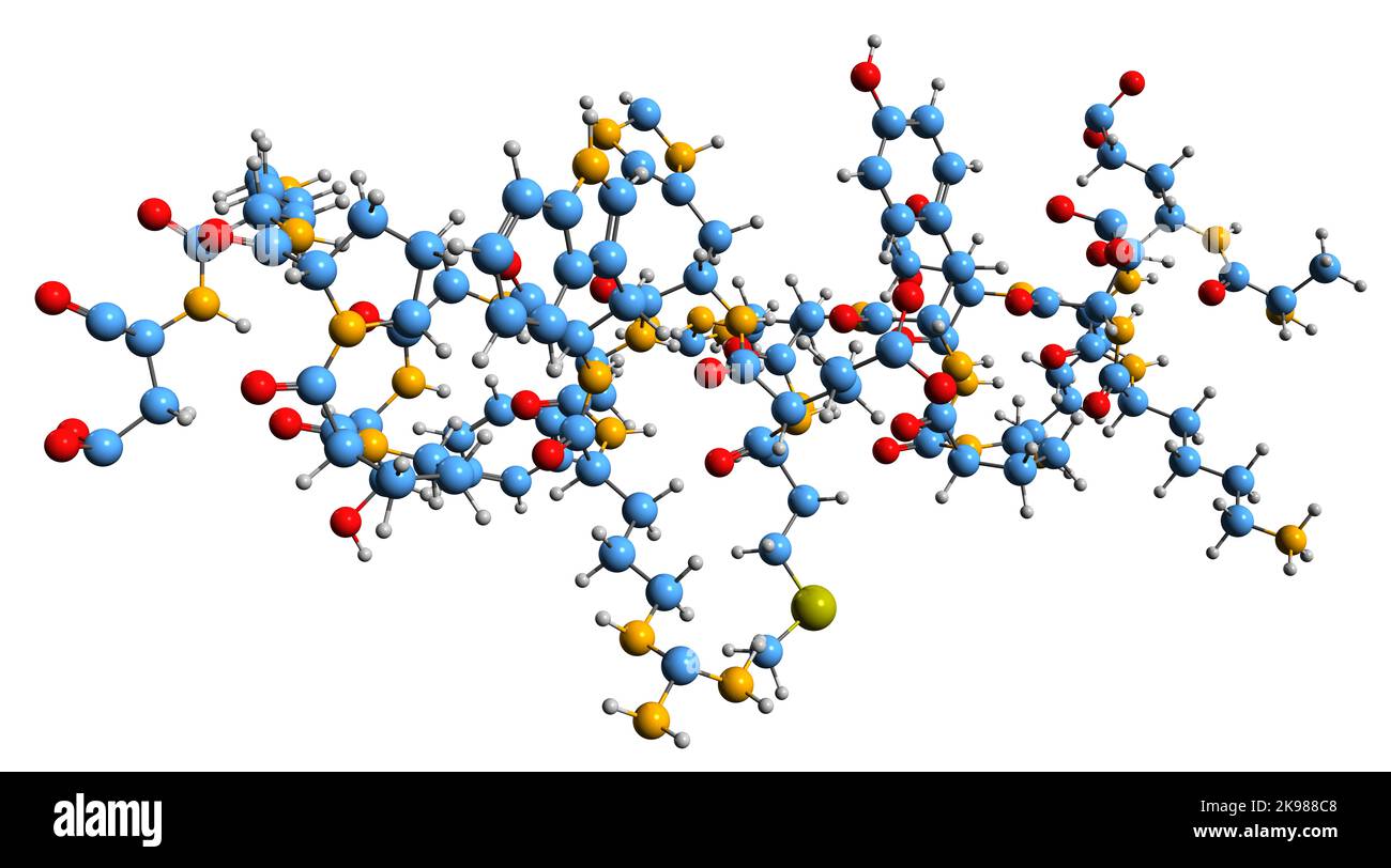 3D Bild von Beta-Melanozyten stimulierendes Hormon Skelettformel - molekularchemische Struktur des endogenen Peptidhormons isoliert auf weißem Backgr Stockfoto