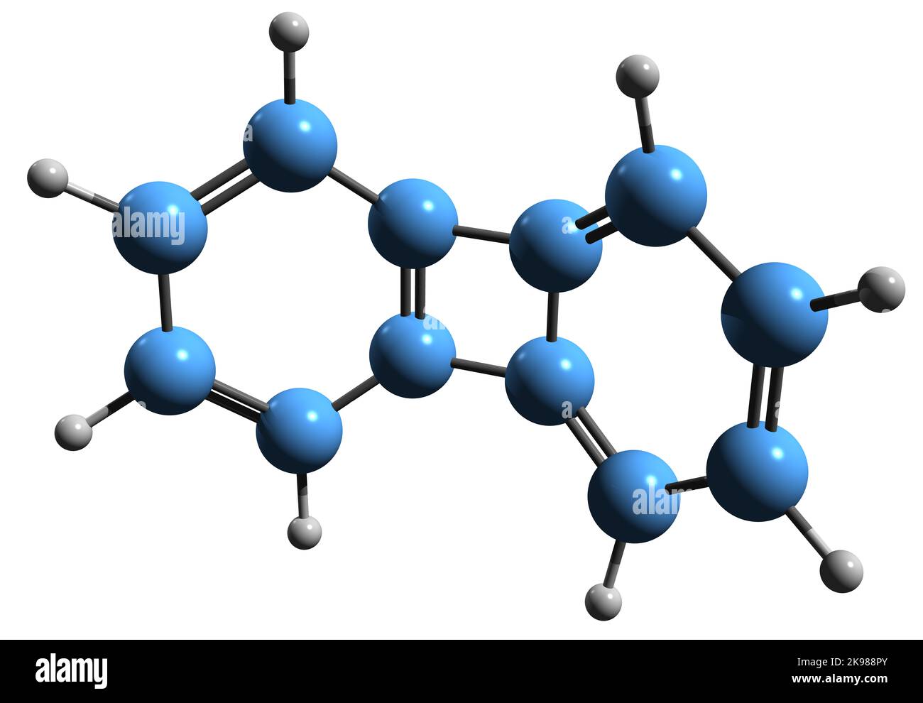 3D Bild der Skelettformel von Biphenylen - molekularchemische Struktur von polyzyklischem aromatischem Kohlenwasserstoff auf weißem Hintergrund isoliert Stockfoto
