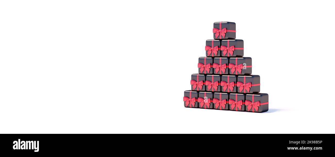 Weihnachtsbaum aus Geschenkschachteln auf weißem Hintergrund 3D Render 3D Abbildung Stockfoto