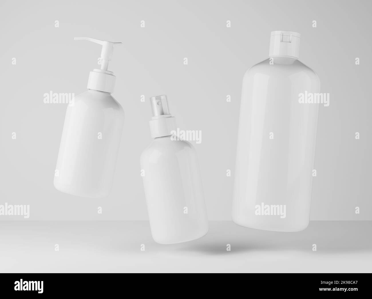 Drei verschiedene weiße Plastikflaschen für Haar- und Körperpflegeprodukte 3D Render, Set aus schwimmenden Kosmetikbehältern auf grauem Studiohintergrund Stockfoto