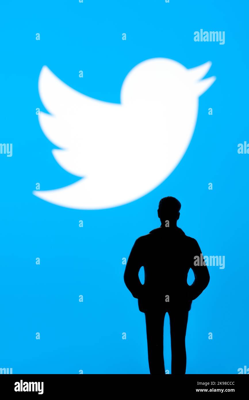 Twitter und Elon Musk Deal-Konzept. Figur Silhouette ist vor verschwommenem Twitter-Logo auf dem Display zu sehen. Stafford, Großbritannien, 26. Oktober 202 Stockfoto