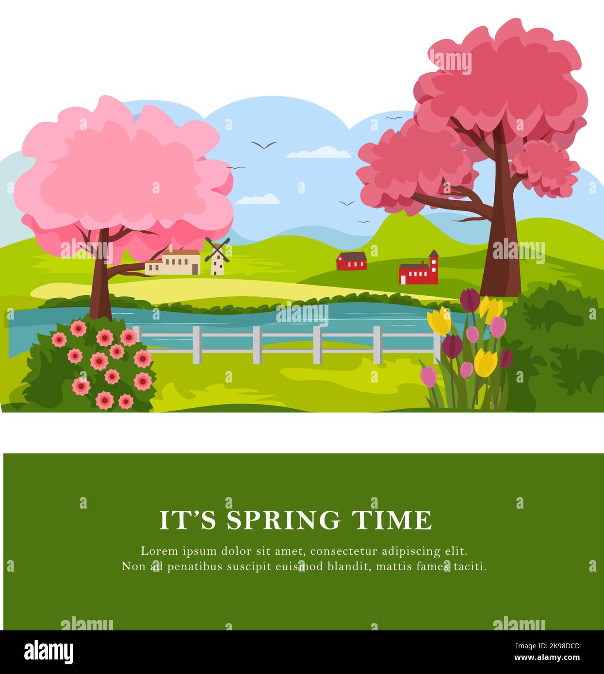 Postkarte mit ländlicher Frühlingslandschaft. Bäume und Blumen, Felder und ein Fluss, Häuser und eine Mühle. Vektorzeichnung. Für Drucke und Poster, Verpackungen und Stock Vektor