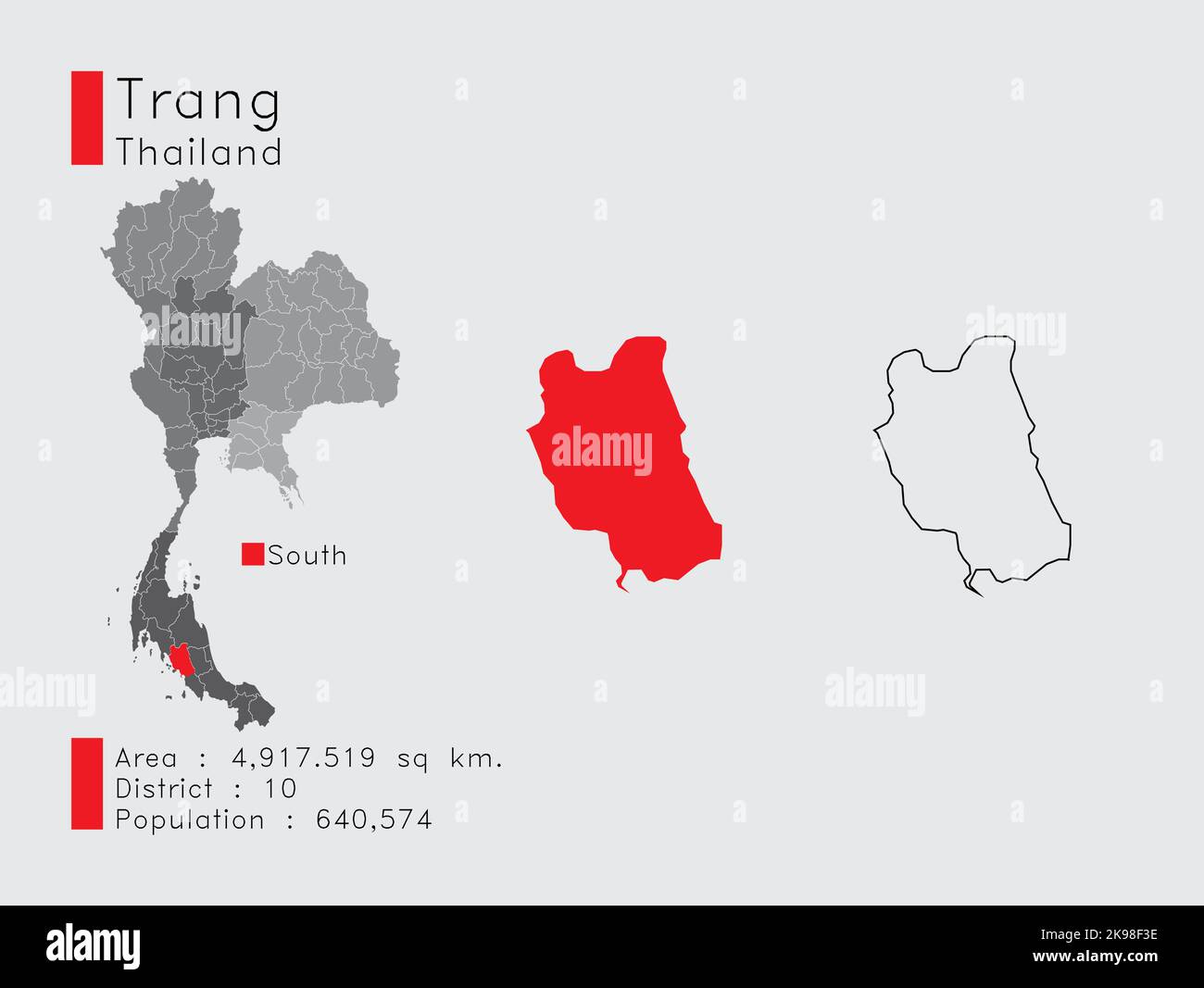 Eine Reihe von Infografik-Elementen für die Provinz Trang Position in Thailand. Und Region Distrikt Bevölkerung und Gliederung. Vektor mit grauem Hintergrund. Stock Vektor