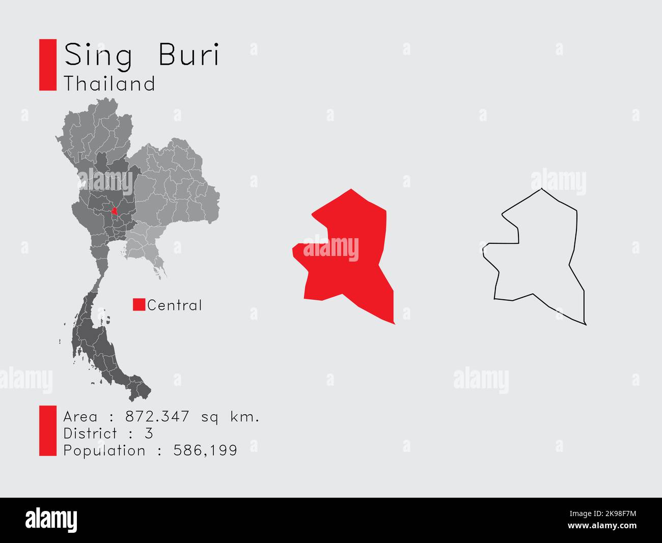 Eine Reihe von Infografik-Elementen für die Provinz Sing Buri Position in Thailand. Und Region Distrikt Bevölkerung und Gliederung. Vektor mit grauem Hintergrund. Stock Vektor