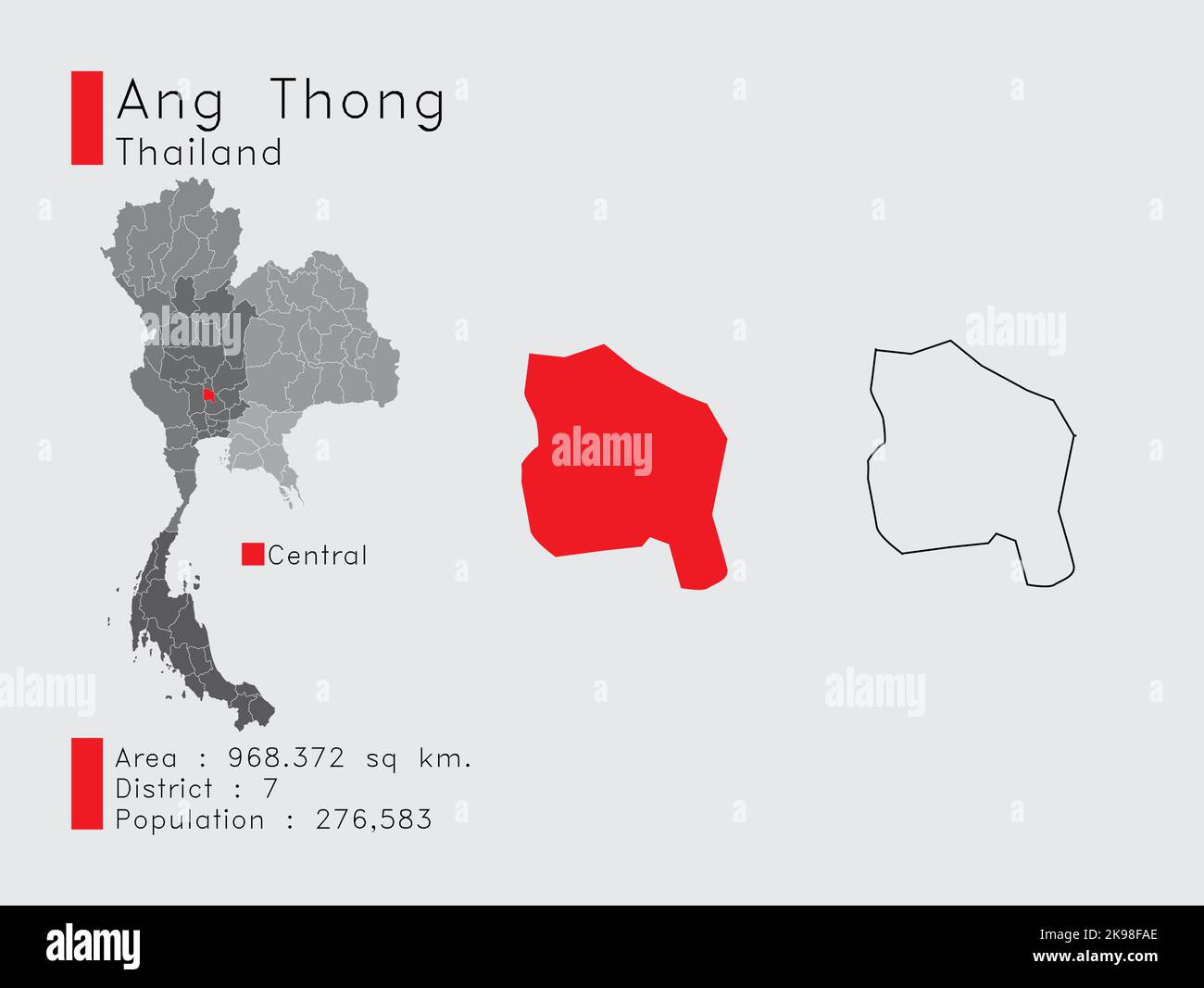 Eine Reihe von Infografik-Elementen für die Position der Provinz Ang Thong in Thailand. Und die Bevölkerung des Bezirks und die Gliederung der Region. Vektor mit grauem Hintergrund. Stock Vektor