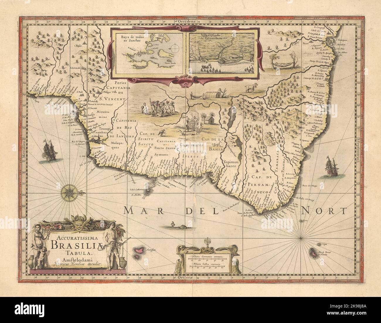 Antike Landkarte des Staates Bahia in Brasilien von durch-Kartograph Henricus Hondius Ca. 1630. Illustriert mit Szenen des Kannibalismus. T Stockfoto