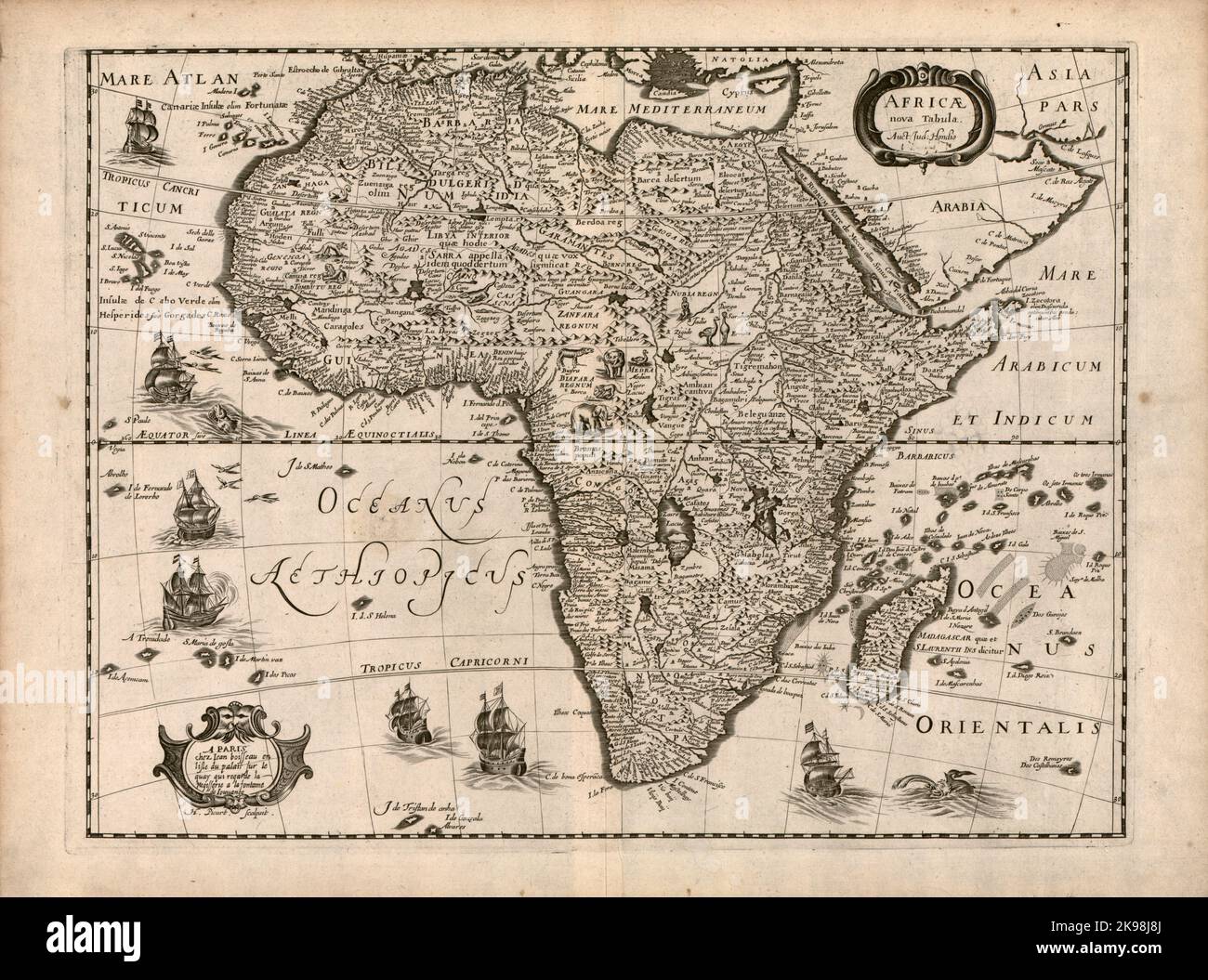 Antike Landkarte des Kontinents Afrika von dem niederländischen Kartographen Jodocus Hondius Ca. 1640 Stockfoto