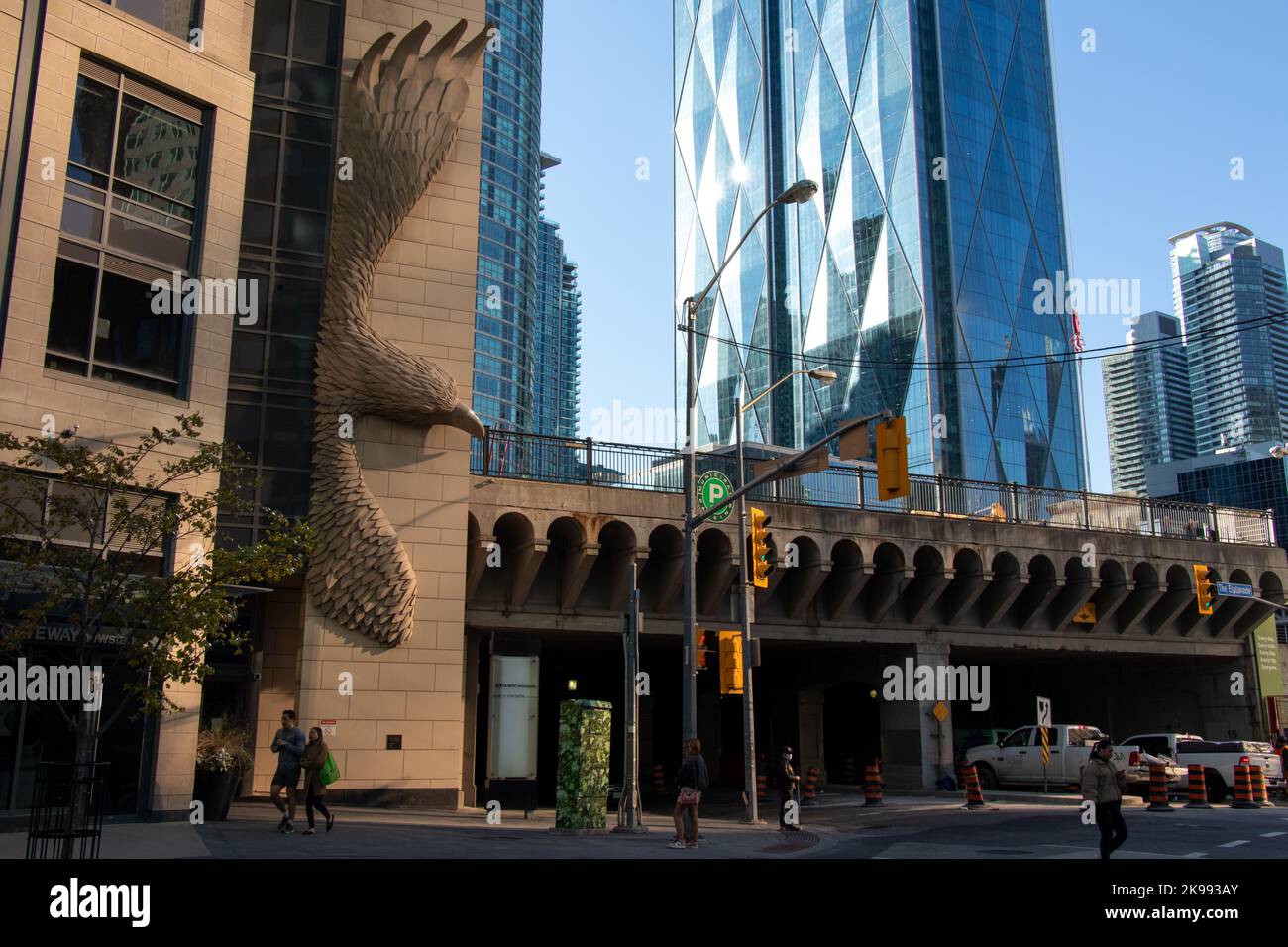 Die Morgensonne scheint von einem neu gebauten Bürogebäude in der Innenstadt von Toronto, während ein Vogel in Stein an der Seite des Gebäudes zu sehen ist. Stockfoto