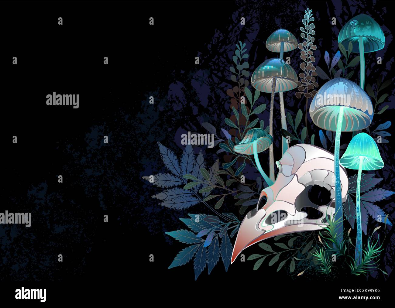 Kunstvoll gezeichneter Vogelschädel liegt zwischen halluzinogenen, leuchtenden Pilzen und Büschen giftiger Sumpfpflanzen auf schwarzem strukturierten Hintergrund. Bir Stock Vektor
