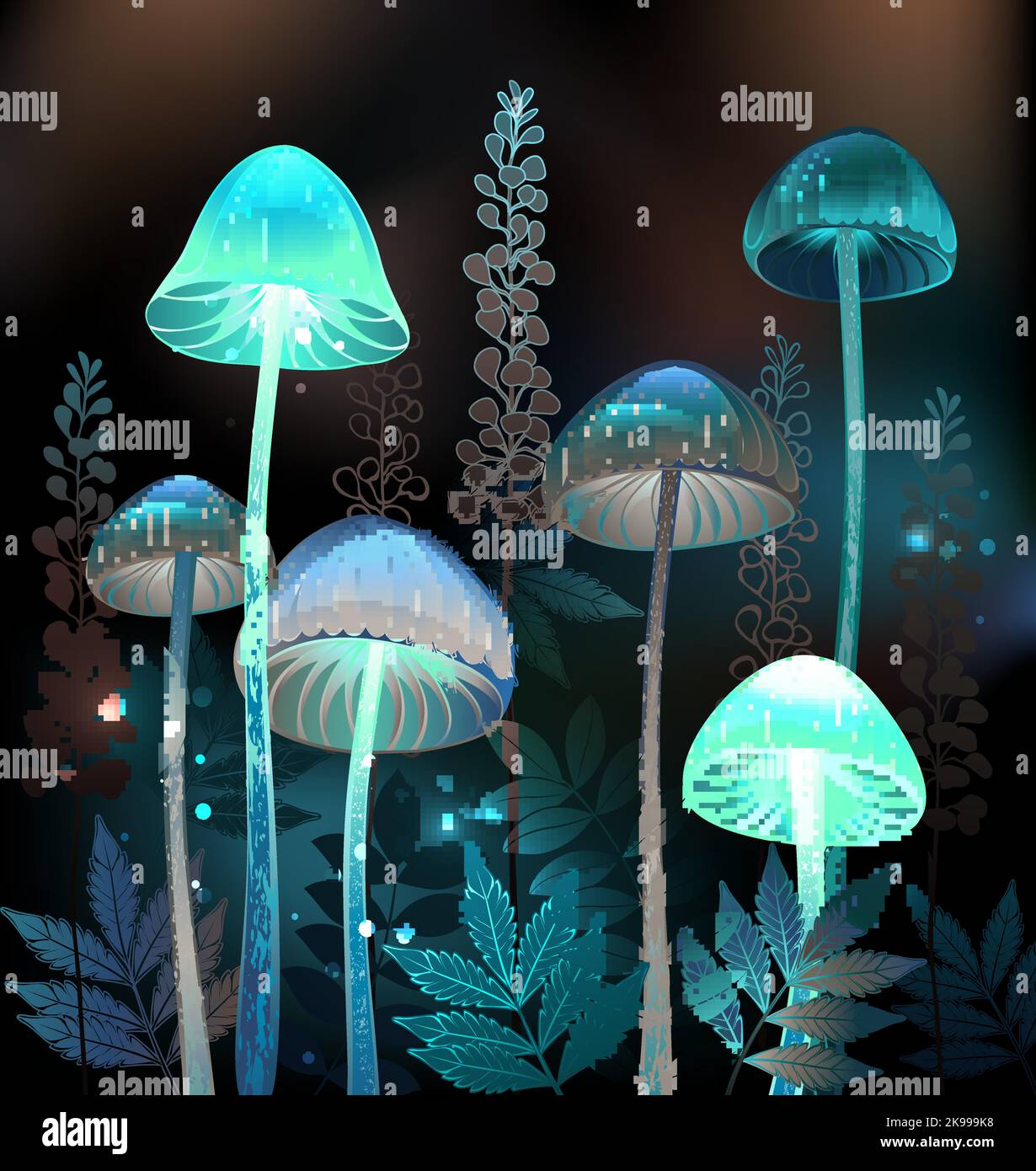 Geheimnisvoller, biolumineszierender, halluzinogener, heller Toadstool mit Büschen von Sumpfpflanzen in der Nacht, dunkler, leuchtender Hintergrund. Glühende Pilze. Gobli Stock Vektor