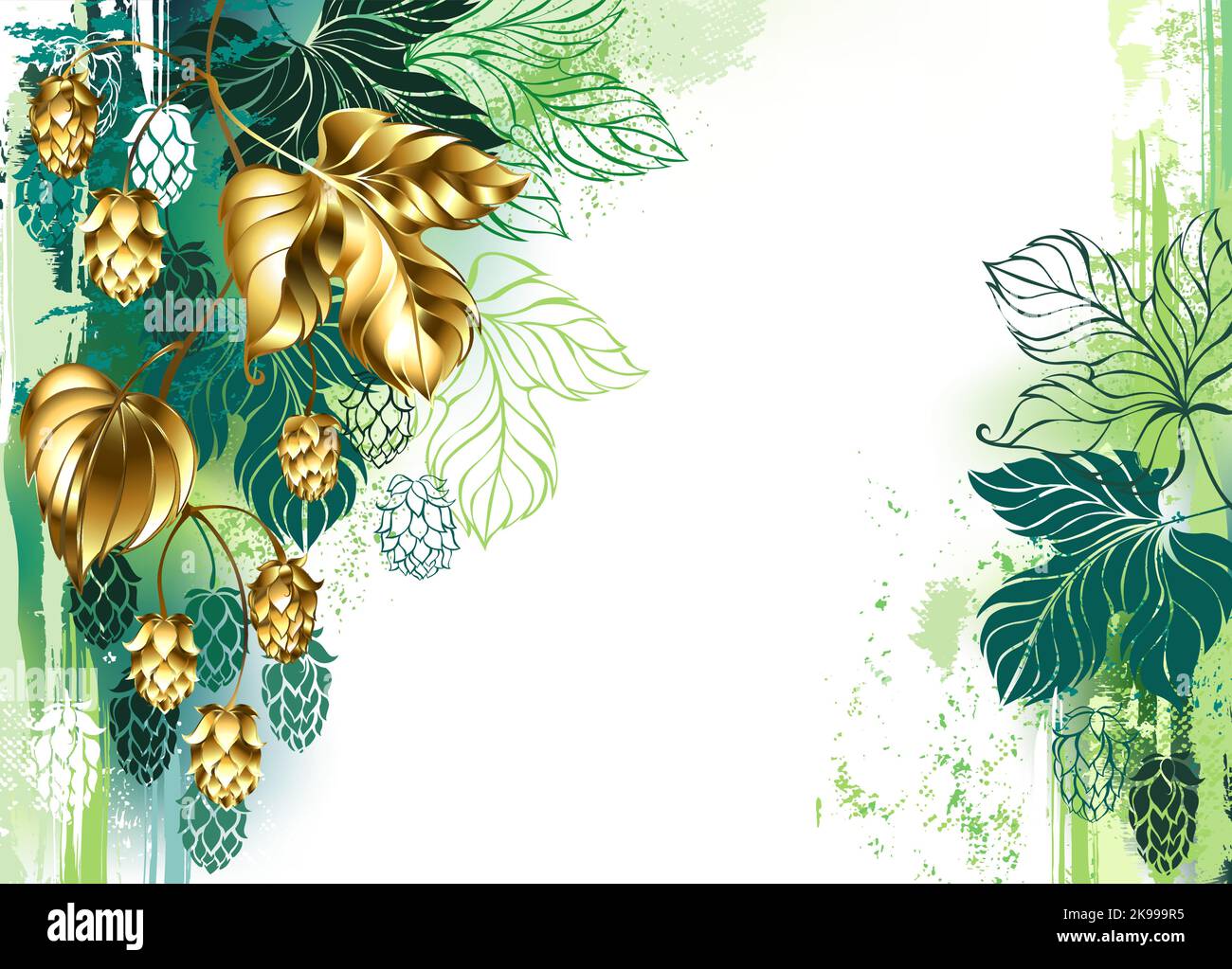 Bemalt mit grüner Farbe, heller Hintergrund, verziert mit Zweig aus goldenem, glänzendem Schmuckhopfen mit schönen goldenen Zapfen. Golden Hop. Stock Vektor