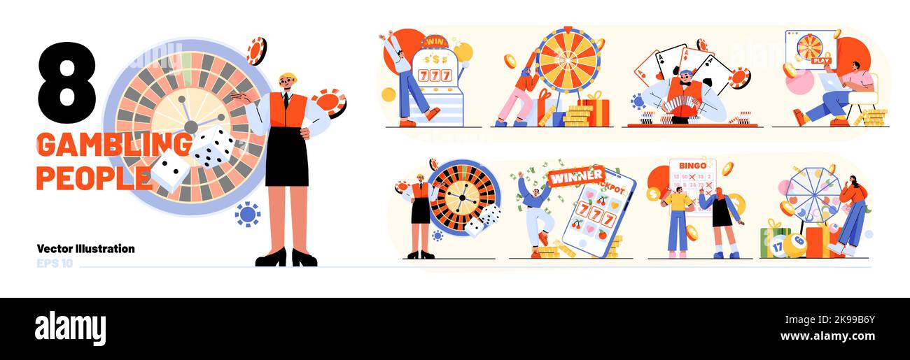 Menschen spielen, flache Vektor-Illustration isoliert auf weiß. Satz von Charakteren, die Poker, Roulette und Spielautomaten im Casino spielen, online wetten, Geld im Lotteriespiel gewinnen. Wir feiern den Sieg Stock Vektor