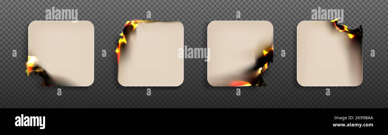 Quadratische Papierblätter mit brennenden abgerundeten Winkeln, verbrannten Haftnotizen, verbrannten Aufklebern mit schwelendem Feuer an verkohlten Ecken und Asche isoliert auf transparentem Hintergrund realistisches 3D-Vektor-Set Stock Vektor