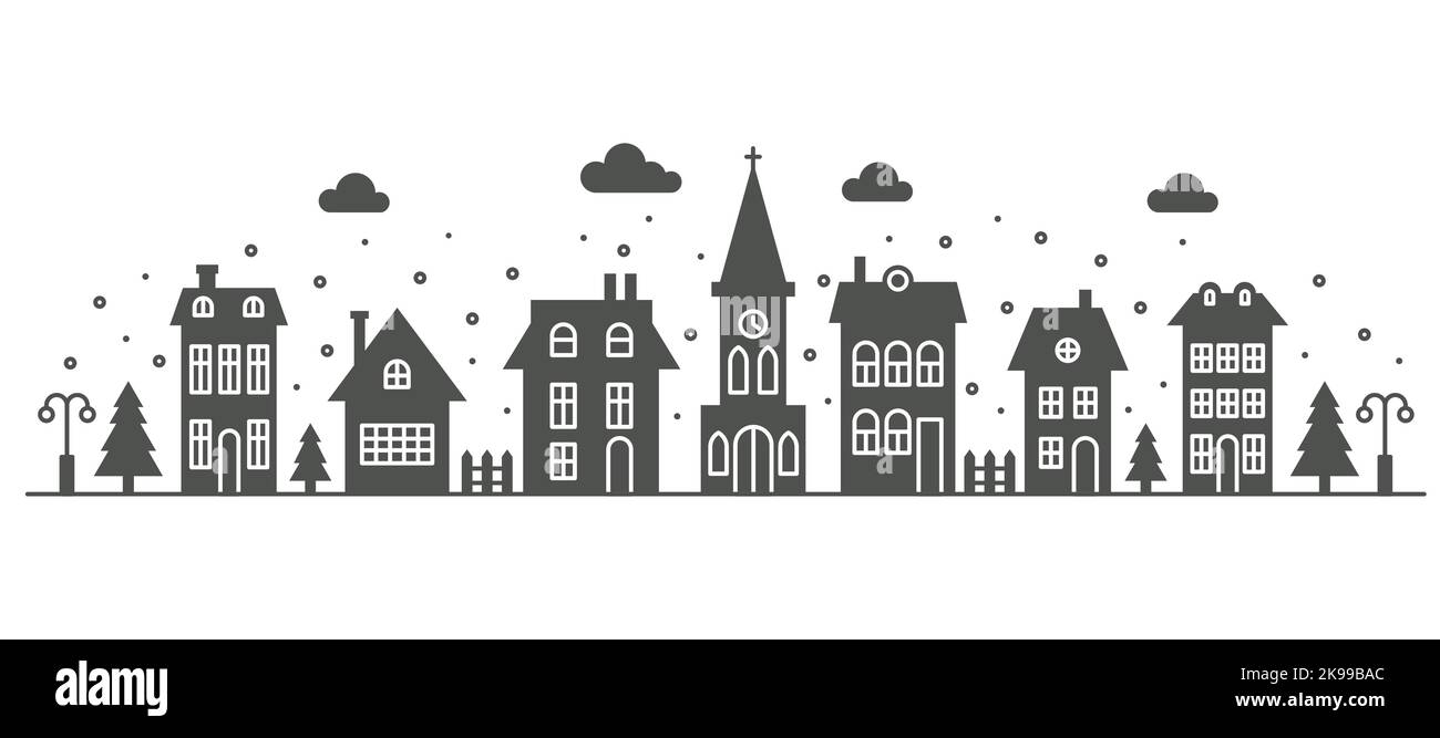 Vorstadtviertel Winterlandschaft. Silhouette von Häusern und Kirche auf der Skyline mit Schneeflocken. Landhaushäuser. Glyphen-Vektor Stock Vektor