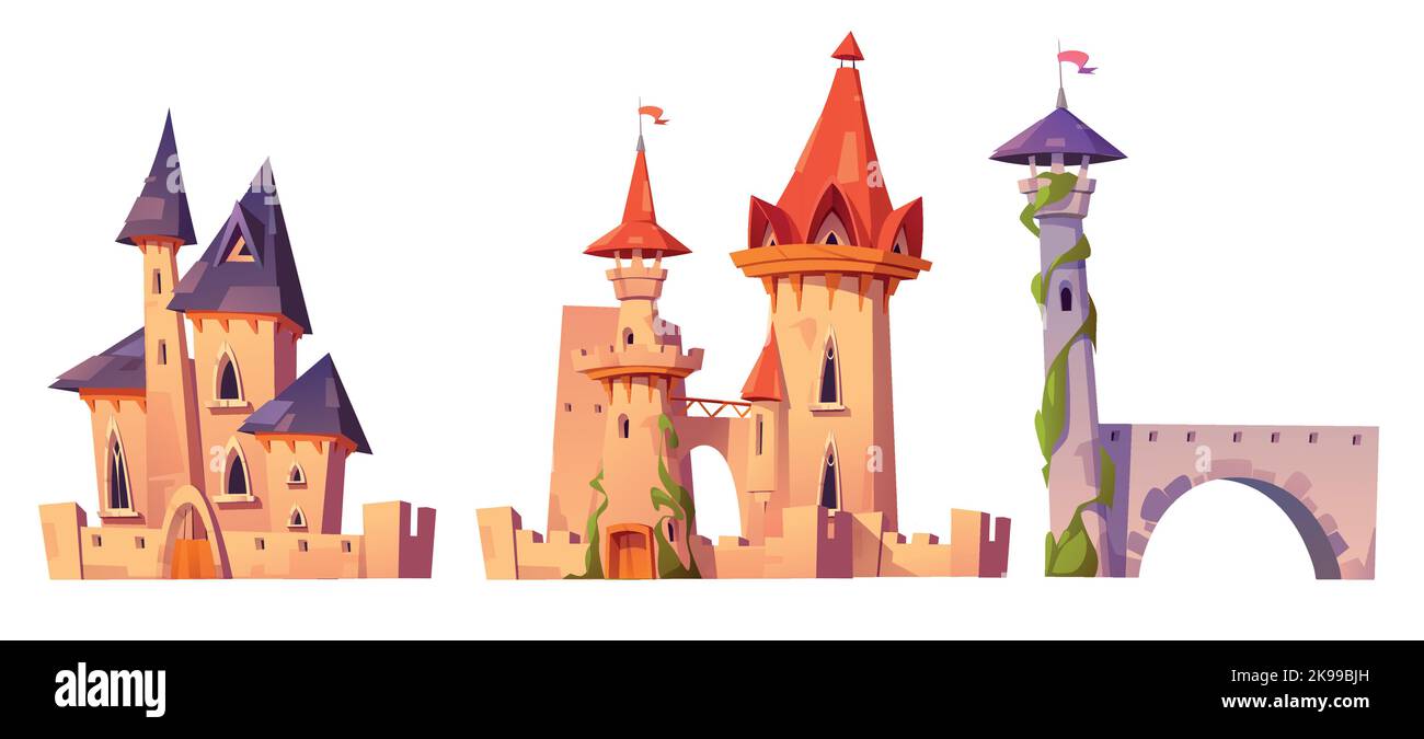 Alte mittelalterliche Burgen mit Steinmauern, hölzernen Toren, Bögen, Türmen, Fenstern und Fahnen auf dem Dach. Fantasy-Königreich Häuser isoliert auf weißem Hintergrund, Vektor-Cartoon-Illustration Stock Vektor