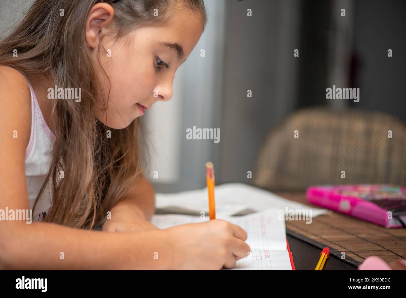 Junges Mädchen, das zu Hause Schularbeiten macht. Stockfoto