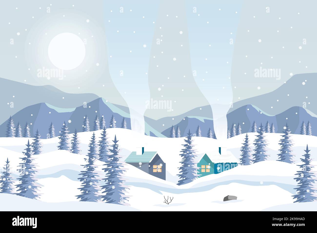 Winterlandschaft mit Bergen, Häusern und Bäumen im flachen Stil Stock Vektor