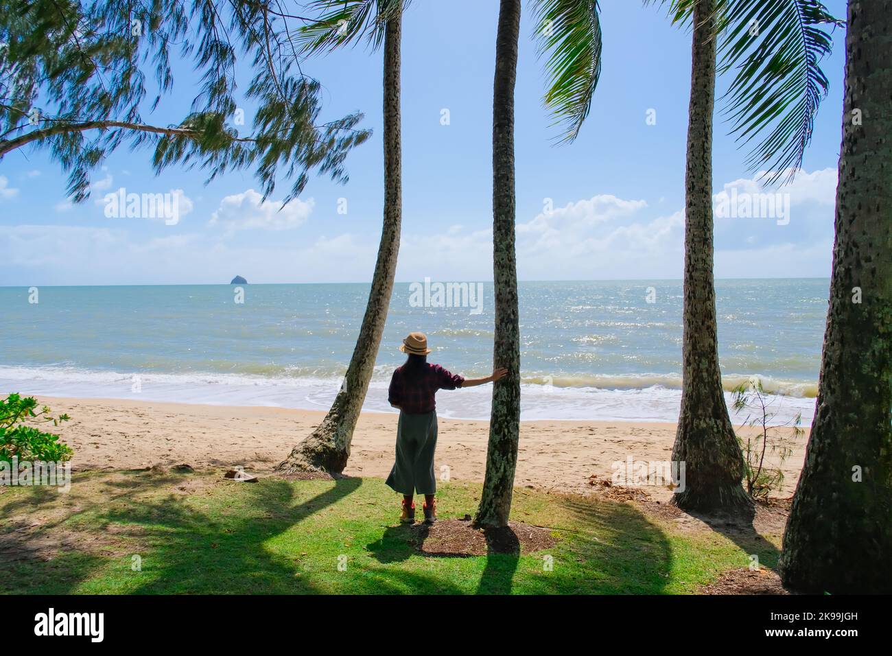 Ein Tag steht in der Nähe von Palmen an sonnigen Tag, Strand von Palm Cove, Queensland, Australien Stockfoto