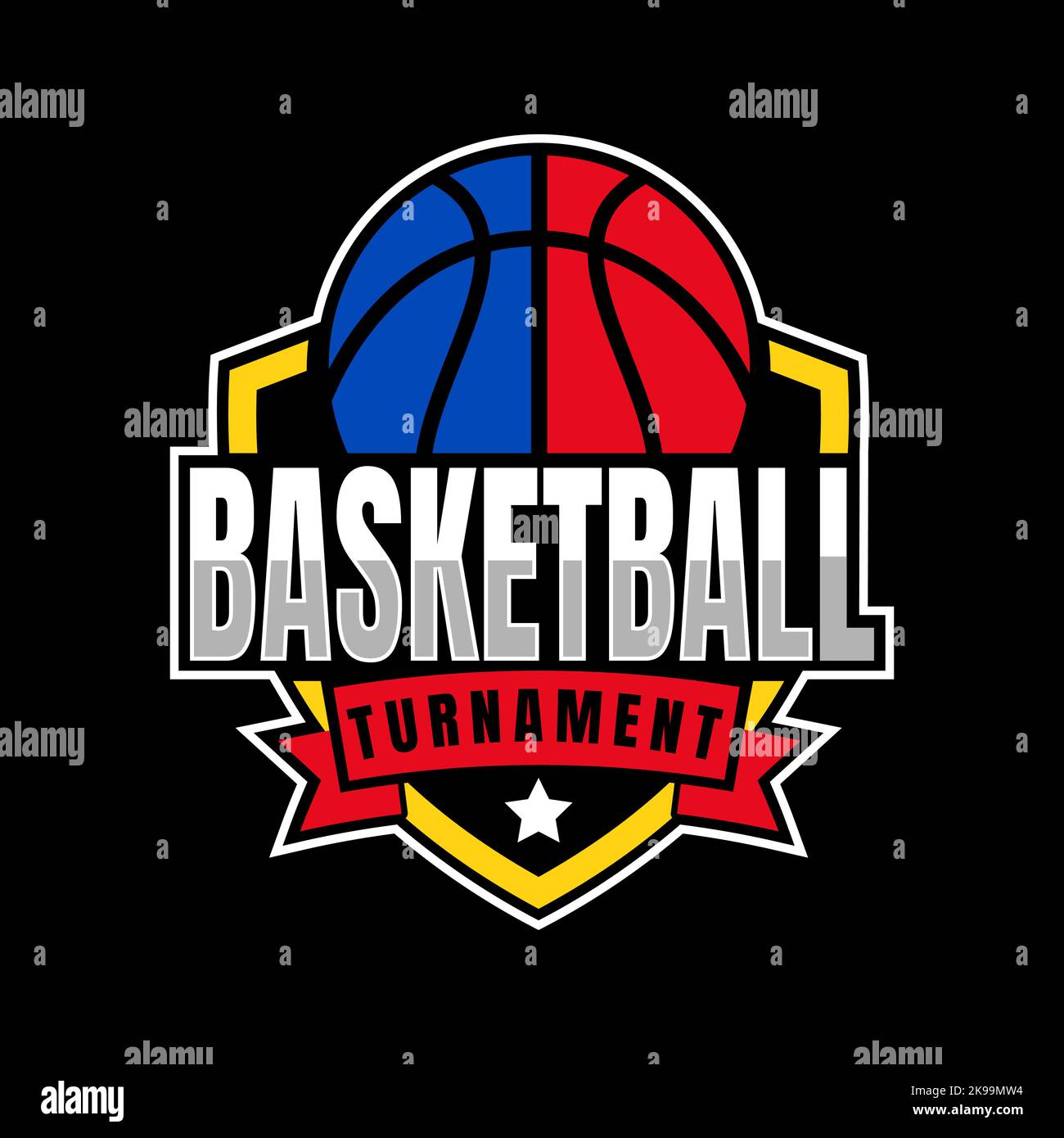 Logo des American Sports Shield Basketballclubs, Basketballverein. Turnier-Basketball-Club-Emblem, Design-Vorlage auf dunklem Hintergrund Stock Vektor