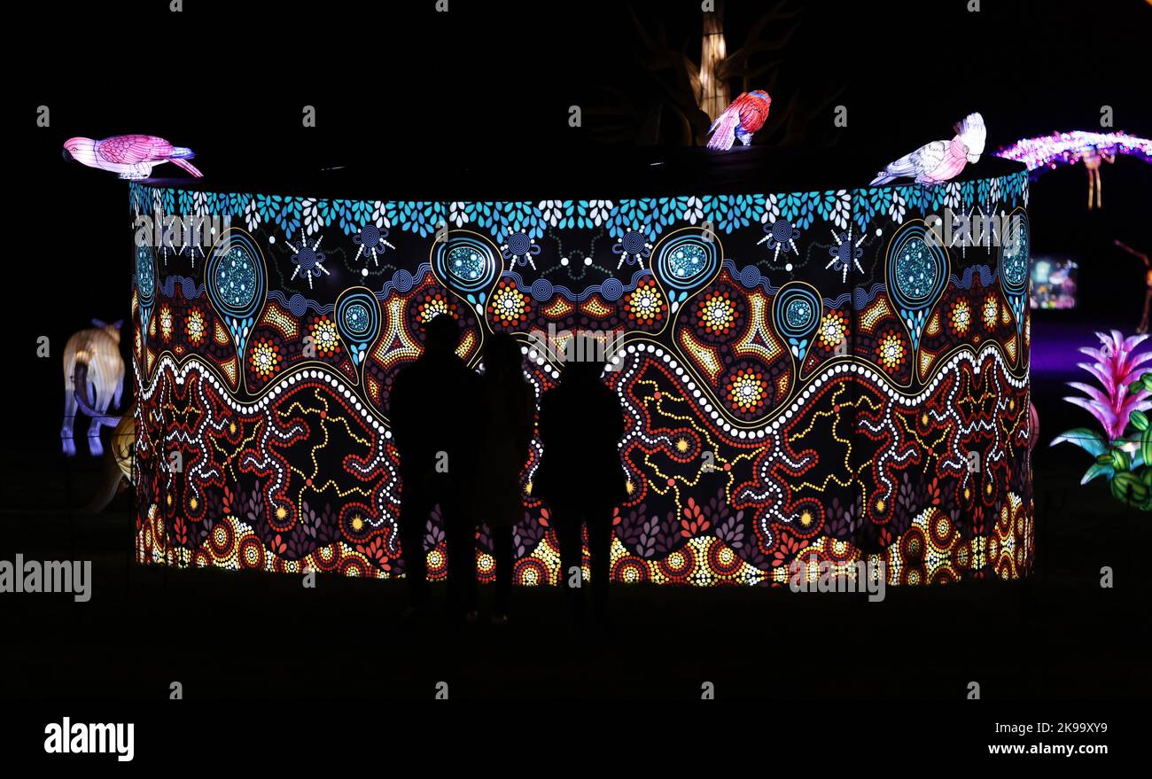 Paris, Frankreich. 26. Oktober 2022. Besucher sehen beleuchtete Skulpturen während einer Medienführung eines Lichtfestivals im Zoo Thoiry in der Nähe von Paris, Frankreich, am 26. Oktober 2022. Hier beginnt am Sonntag das Festival mit rund 2.000 beleuchteten Skulpturen. Kredit: Gao Jing/Xinhua/Alamy Live Nachrichten Stockfoto