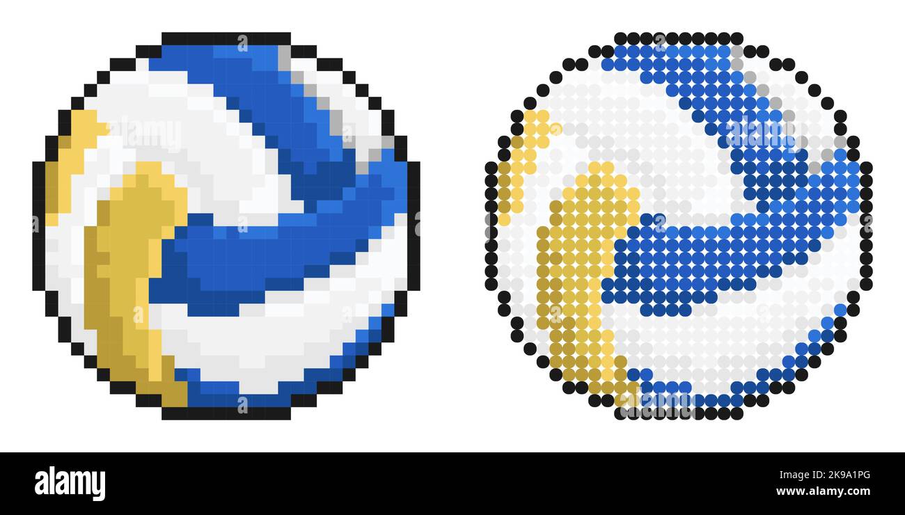 Pixelsymbol. Volleyball für Indoor, Outdoor und Beach Volleyball. Sportausrüstung. Einfache Retro-Spiel Vektor isoliert auf weißem Hintergrund Stock Vektor