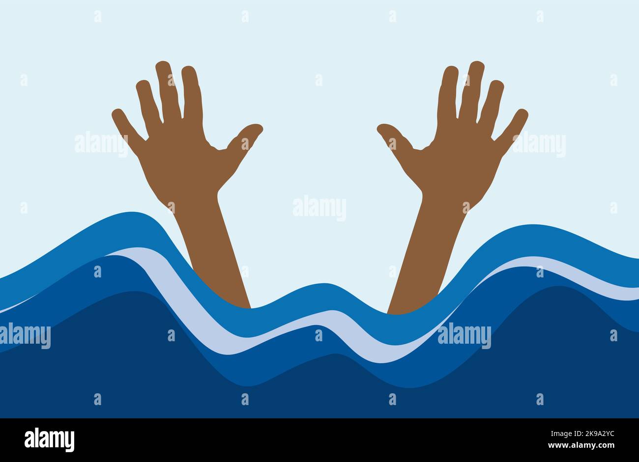 Bather bittet beim Ertrinken um Hilfe. Hände von Migranten, die aus den Wellen des Meeres hervorgehen. Illegale Einwanderung. Vektorgrafik Stock Vektor