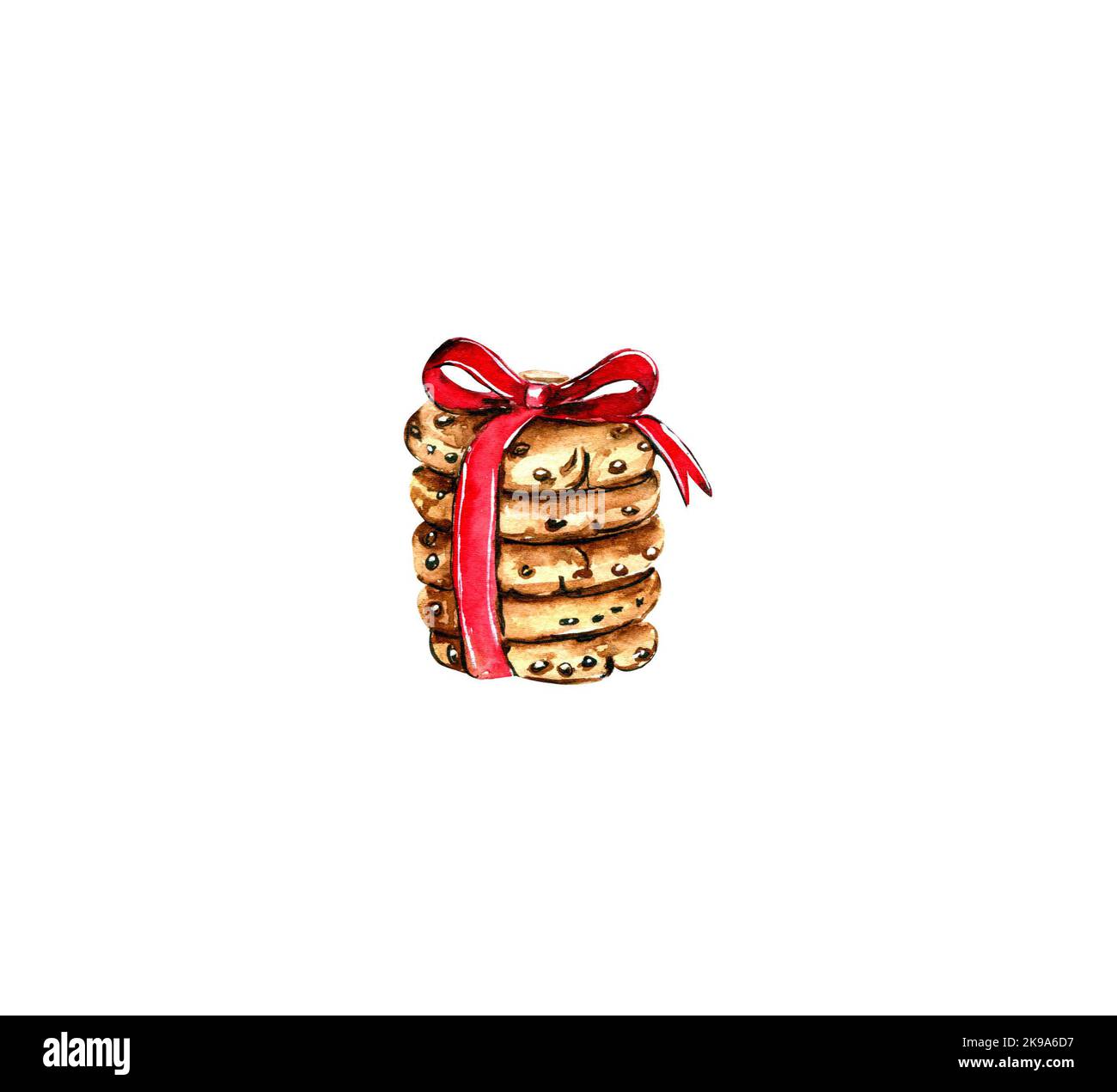 Aquarell-Stapel von fünf Schokolade Chip Cookies mit rotem Band auf weißem Hintergrund isoliert gebunden. Handgezeichnete Abbildung. Grußkarte zum neuen Jahr. Stockfoto