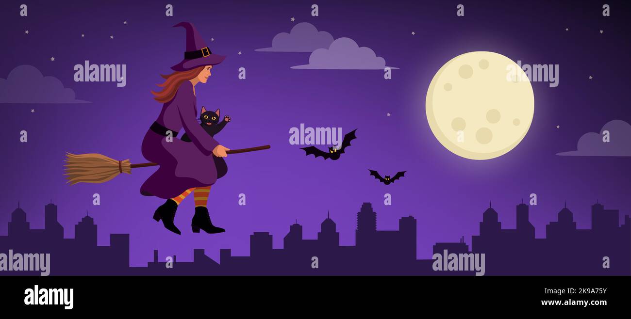 Unheimlich lustige Hexe und schwarze Katze reiten einen Besen und fliegen in den Himmel, Halloween-Konzept Stock Vektor